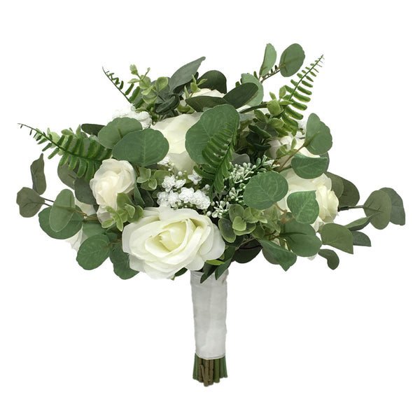 Rustic Bridal Bouquet Faux Greenery Eucalyptus Ivory Roses - VANRINA