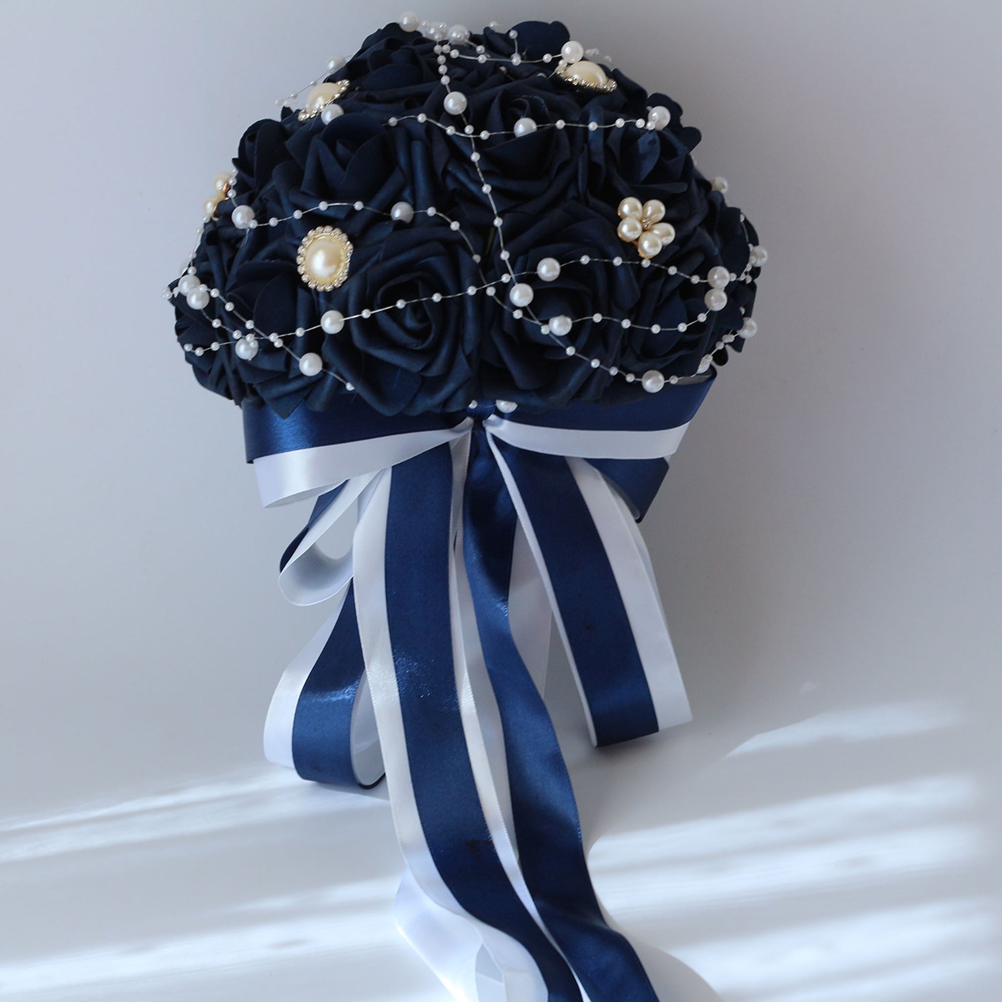 Bridal Bouquet Navy Blue Roses Artificial Wedding Bouquet Pearls