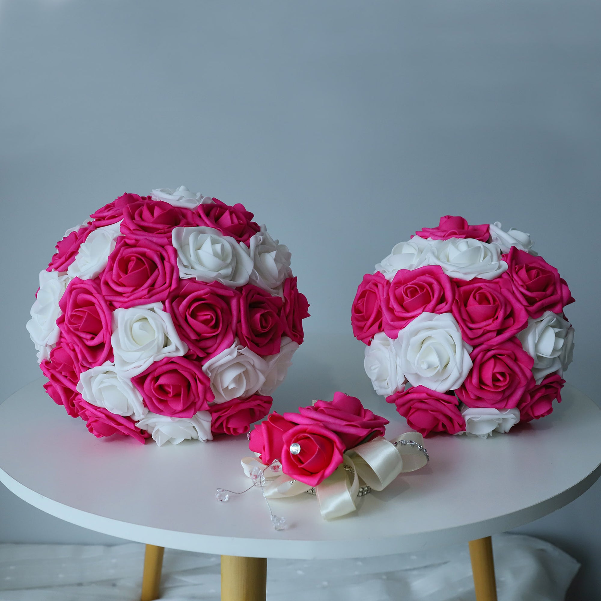 Hot Pink White Rose Wedding Bouquet Set
